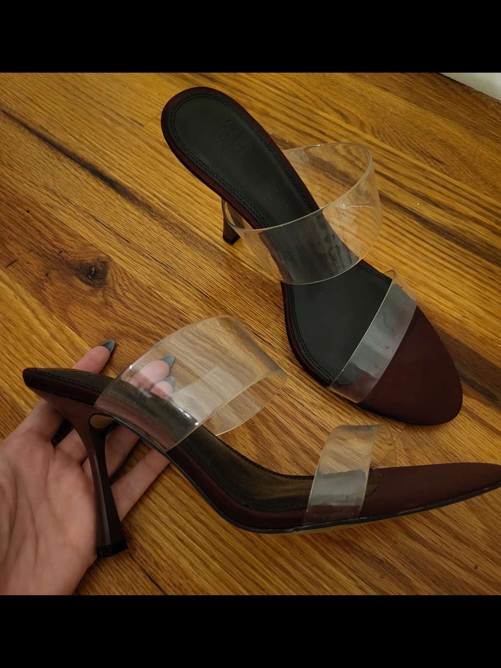Double Strap Heeled Mules In Burgundy & Clear
